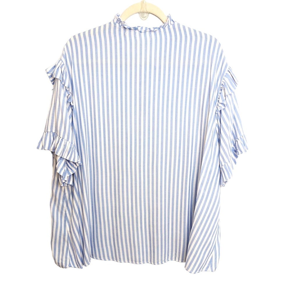 Mustard Seed Womens Large Blouse Button Front Ruffle Striped Blue White - Picture 2 of 6